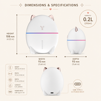 Humidificateur d'air miniature silencieux Whisper Quiet 200 ml (0,2 L) pour chat, USB Type C, diffuseur de brume froide personnel avec fenêtre de niveau d'eau pour bureau, voiture