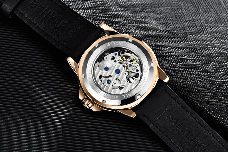 BENYAR New Skeleton Dial Waterproof Watches Business Fashion Mechanical Men's watches Casual Genuine Leather Watch relogio