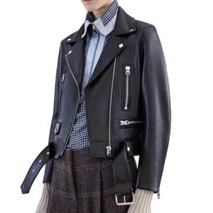 Veste de Motard en Cuir PU pour <span class=keywords><strong>Femme</strong></span>, Col Revers, Fermeture Éclair et Boutons, Ceinturée, Courte, Printemps Automne, Mode Chic et Slim - Product Image 3