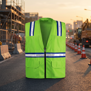 Chaleco de Seguridad Reflectante de Alta Visibilidad Unisex, Ropa de Trabajo de Poliéster con Bolsillos y Cierre de Cremallera, Color Verde - Product Image 2