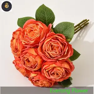 AEV833 düğün ipek çiçek buketleri 7 kafaları yanmış kenar güller yanmış turuncu gül buket çiçekler