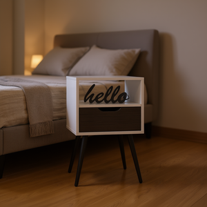 Comodino Allie con ripiano aperto e un cassetto, elegante mobile da camera da letto moderno, design in legno massello - Product Image 2
