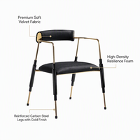 Chaise de salle à manger moderne de luxe avec accoudoirs, coussin en mousse haute densité, structure en métal doré, chaise d'appoint pour salle à manger, café, projet commercial