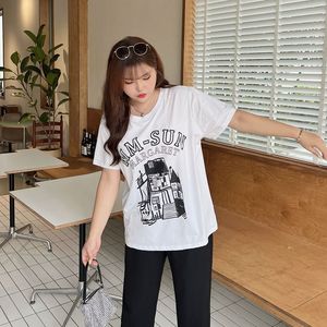 Mm-Sun Margaret Printed Crew Neck Loose <b>Short</b> <b>Sleeve</b> T-<b>Shirt</b> <b>Women</b> Cotton Jersey Plus Size <b>White</b> Black Cartoon Design - Product Image 4
