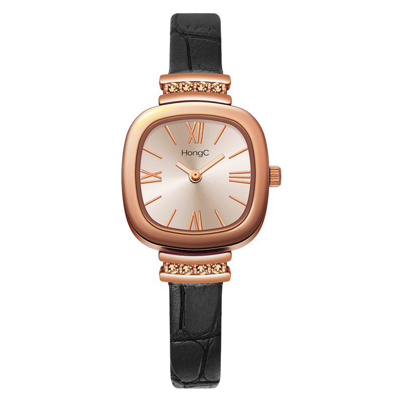 HongCスクエアファッションレディースウォッチ超薄型レザー