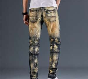 سروال جينز دينم للرجال, سروال جينز دينم للرجال بتصميم عتيق قصة مستقيمة ذو طيات بخياطة للرجال ، سروال جينز ممزق بتصميم الشارع - Product Image 6