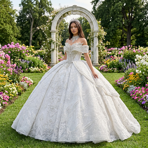 Xs279 Vestido de Novia Moderno de Lujo con Cuentas y Encaje, Hombros Descubiertos, Estilo Princesa, Cola Capilla, Largo hasta el Suelo, con Aplicaciones - Product Image 1