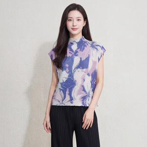 PY Hot Print Pleated Stand Collar Short Sleeve T-Shirt Women Plus Size Loose Casual <b>Compressed</b> 100% Polyester Wholesale - Product Image 3