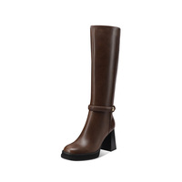 Nouvelle collection hiver : Bottes hautes pour femme en cuir de vachette, à bout carré, avec fermeture éclair et boucle, talon épais de 9 cm