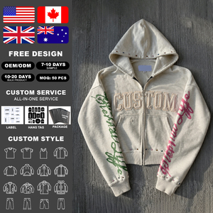 เสื้อฮู้ดดี้ผ้าฝ้าย 100% สไตล์วินเทจฟอกสีแบบแอซิดวอช แต่งลายปักแบบแอพพลิเค ทรงโอเวอร์ไซส์สำหรับผู้ชาย แบบซิป แต่งคริสตัล - Product Image 2