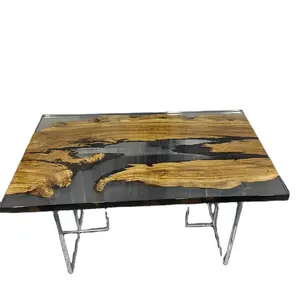 China Supplier Special Design Restaurant Kitchen Furniture Walnut Wood Epoxy Resin Slab Dining River Table