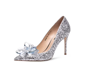 Scarpe da Sposa da Donna Personalizzate dal Produttore, Nuove, di Lusso, con <span class=keywords><strong>Glitter</strong></span> <span class=keywords><strong>Argento</strong></span>, Fiocco Decorato con Cristalli, Punta Affusolata e Tacco a Spillo - Product Image 1