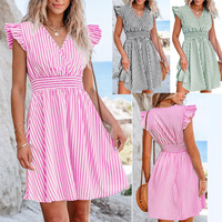 Robe d'été décontractée pour femme, mini-robe à sequins et dentelle, col en V rayé, manches à volants, taille smockée, coupe droite – Nouvelle collection à succès