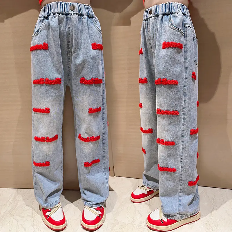 2023 New Spring Teenager Kid Girl Blue Casual Straight Jeans with Red Furry Letters 5-15 Years