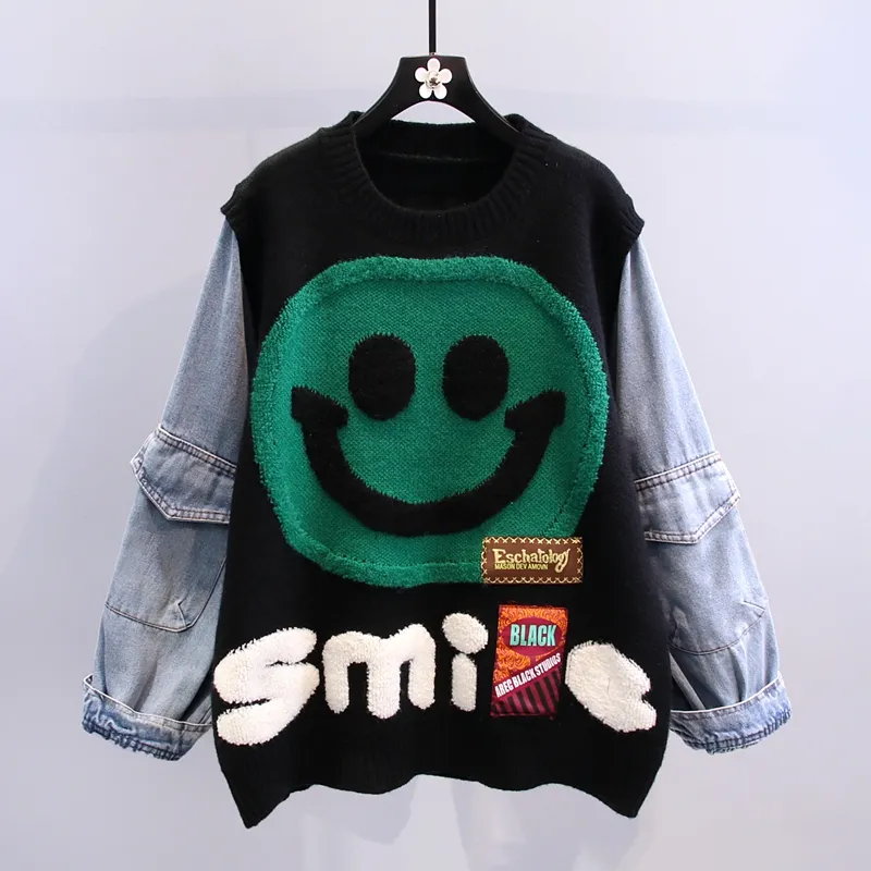Denim Stitching Cartoon Sweater Women's Winter 2022 New Loose Outer Wear Smiley Jumper Lady Knitted Top