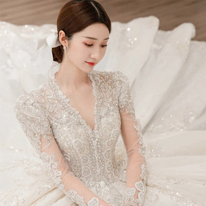 Modern <strong>Plus</strong> <strong>Size</strong> <strong>Long</strong> <strong>Sleeve</strong> Lace Beading Floor-Length Ball Gown Elegant <strong>Wedding</strong> <strong>Dresses</strong> Full Bridal Gown - Product Image 4