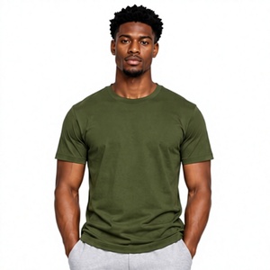 T-shirt en coton vert olive pour homme, manches courtes, col rond, coupe classique, couleur unie, style jersey tricoté - Product Image 1