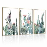 Lot de 3 triptyques d'art mural en aquarelle encadrés or, motifs cactus, succulentes, figue de Barbarie, botanique du désert, impressions sur toile, décoration de luxe pour hôtel