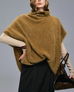 Poncho en cachemire brossé personnalisé pour <span class=keywords><strong>femme</strong></span>, couleur Ocre, <span class=keywords><strong>col</strong></span> châle, sans manches, cape en tricot moelleux, pull chaud superposé - Product Image 2