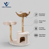 Arbre à chat moderne en forme de fleur avec condo en peluche, poteau en sisal, panier, gamelle et perchoir, mobilier d'escalade d'intérieur, vente en gros