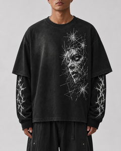 Custom 300Gsm Washed Cotton Oversized T-shirt Layered Long Sleeve Graphic Tee Streetwear High Quality Private Label Men T Shirt - Product Image 1