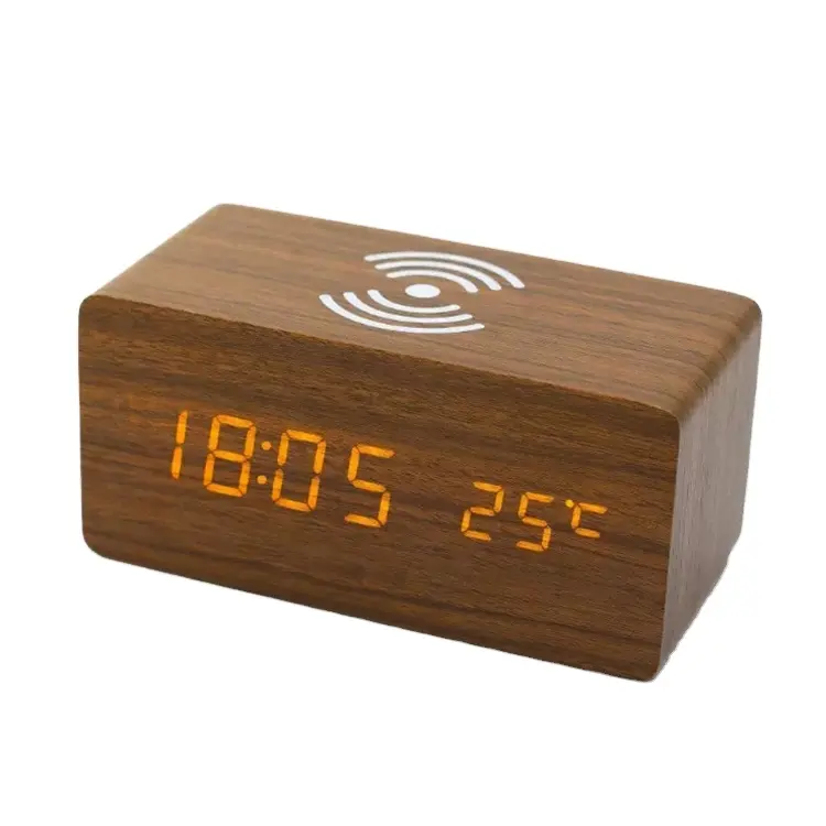 Digital desk clock wooden Qi wireless charging modern smart led light digital temperature calendar table alarm clock charger