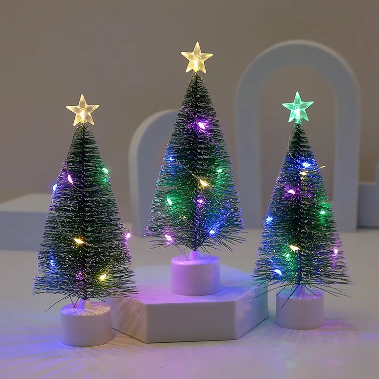Mini árboles artificiales de nieve de sisal de Navidad con luz LED, árboles de cepillo, adornos de nieve de invierno de plástico, árboles de mesa Y732