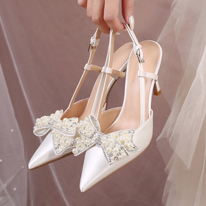 Chaussures de Mariée Détachables Zapatos Mujer Saltos à Nœud, Lacets, Brides à la Cheville et Sangle Perle – Talons Blancs pour la Mariée - Product Image 1