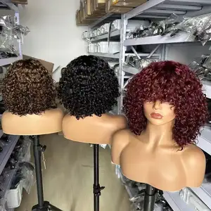 Giá Rẻ Giá afro kinky xoăn Bob tóc giả với bangs Máy làm tóc giả cho phụ nữ da đen Brazil xoăn tóc giả tóc con người