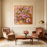 Peinture à l'huile florale impasto aux tons chauds, peinte à la main, art original, style moderne, bohème et mid-century
