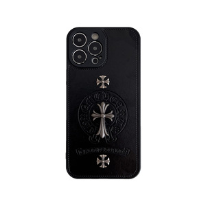 Étui de téléphone en cuir gothique rétro avec croix, coque de luxe en métal gaufré en forme de croix pour iPhone 17 16 15 Pro Max, étui de protection antichoc - Product Image 1