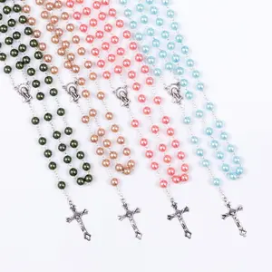 Catholic 8mm Beads Plastic Pearl St Mary Medal Chain Rosary Necklace