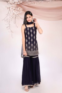 Women Ethnic Embroidered Kurta With Sharara And Dupatta Navy Blue Traditional Party Wear Indian Pakistani Clothing - Product Image 1