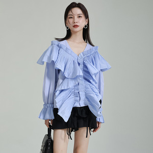 2023 Spring Fashion Women's Blouses &amp; <strong>Shirts</strong> Cute <strong>Frilly</strong> Ruffled V-neck Loose Bell Sleeves Long-sleeved Blouse - Product Image 3
