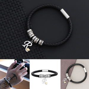 Personalized Engravable Leather Braided <b>Bracelet</b> with Customizable Stainless Steel Round Charm for <b>Men</b> | Choose Any Alphabet - Product Image 2