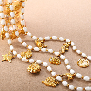 สร้อยคอจี้รูปสัตว์ทะเลประดับมุกน้ำจืด ชุบทอง 18K สร้อยคอแฟชั่นสำหรับผู้หญิง มุกสีขาว รูปทรงสัตว์ สไตล์โบฮีเมียน - Product Image 2