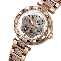 Jam Tangan Mekanik Forsinning Hot Selling Flower Full Diamond Luxury Metal untuk Wanita dengan Desain Skeleton Transparan