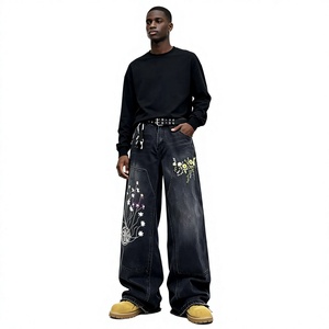 Jean baggy personnalisé pour homme, broderie florale, denim noir délavé, pantalon streetwear hip-hop, coupe large - Product Image 3