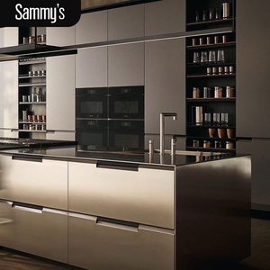 New Model Modular Grey Wood Grain PVC Membrane Kitchen <strong>Cabinets</strong> with Glass Doors Faucet Included 5 Year Warranty - Product Image 1