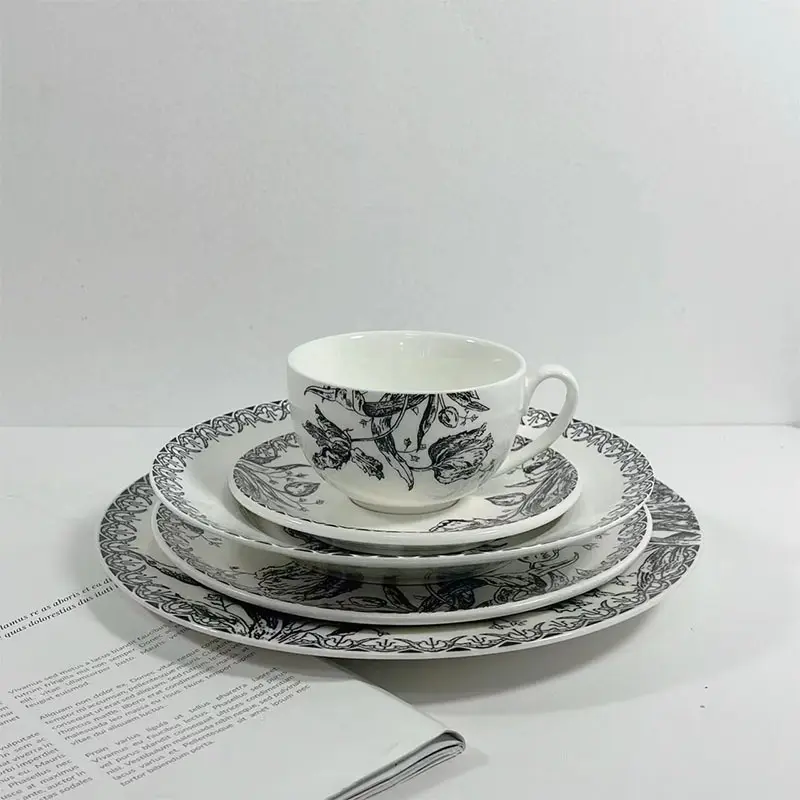 Black Tulip Flower Ceramic Dining Plate Cup and dish Dessert Plate