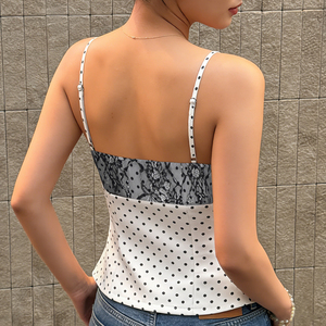 Women Polka Dot Color Block Lace <b>Patchwork</b> V Neck Camisole Sleeveless Summer Slim Fit Casual Fashion <b>Top</b> - Product Image 2