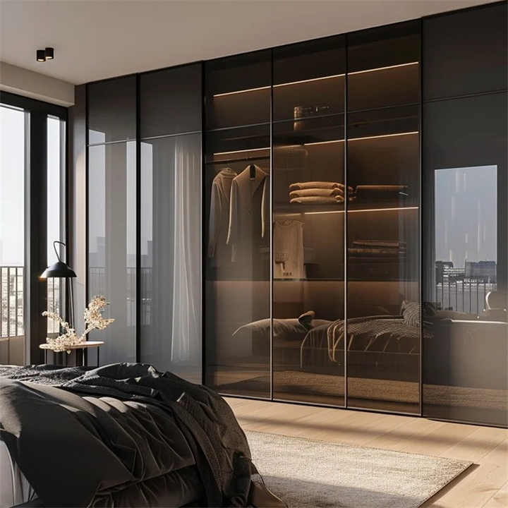 Luxury Black Wall Mounted Wardrobe with Glass Doors