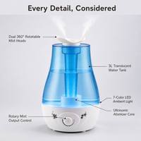 Humidificateur à ultrasons à brume froide 3L 300ml/h, sortie de brume réglable, bouton rotatif, LED 7 couleurs, aromathérapie, CE FCC RoHS