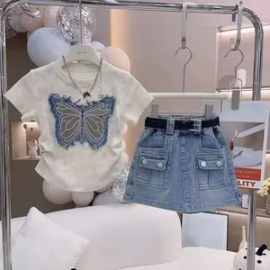 T-shirt papillon d'été pour enfants + jupe trapèze en jean 2 pièces