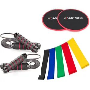 Microfitness Core Sliders and Latex Resistance Loop Bands and Jump Rope Skipping Rope for Workout