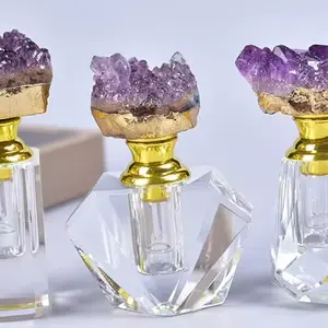 Toptan doğal ametist küme parfüm şişesi kapağı kıdemli cam parfüm şişesi ametist özü yağı şişesi