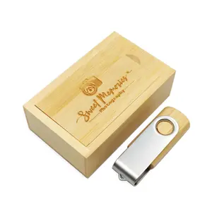 Wooden Swivel USB Flash Drive Photography Gift Custom Logo USB Stick Storage Box Real Capacity Wood Pendrive Gift Box