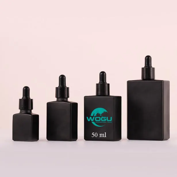 Silk printing logo hot sale 15ml 30ml 50ml 100ml clear frosted essential oil rectangular square dropper bottle 15 ml black