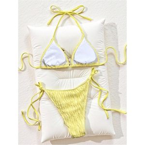 FOXA Ensemble bikini 2 pièces pour femme, haut texturé perlé à nouer, bas string, maillot de bain, tenue de plage estivale - Product Image 3