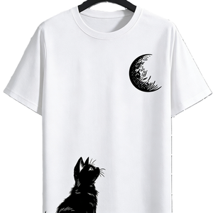 T-shirt Grafica Gatto che Guarda la Luna, Cielo Notturno Celestiale, Maglietta per Amanti degli Animali / T-shirt Oversize in Cotone a Maniche Corte con Gatto e Luna, Streetwear Casual - Product Image 1